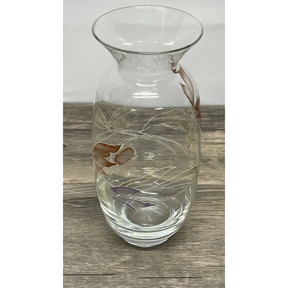 Handmade Glass Floral Vase Hand Painted Leaf Design Clear Purple Brown Excellent